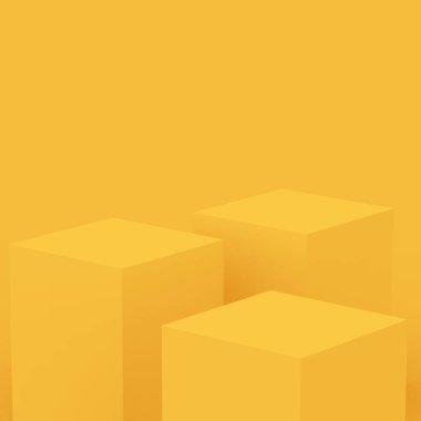 3D sarı podyum sahnesi stüdyo arkaplanı çok az. Soyut 3d geometrik şekil çizimi. Yaz tatili ürünleri için görüntü.