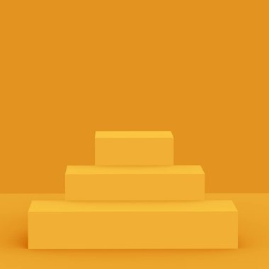 3D sarı podyum sahnesi stüdyo arkaplanı çok az. Soyut 3d geometrik şekil çizimi. Yaz tatili ürünleri için görüntü.