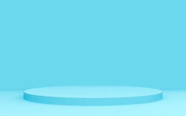 3D mavi silindir podyum minimum stüdyo arkaplanı. Soyut 3d geometrik şekil çizimi. İlaç ürünü için görünüm