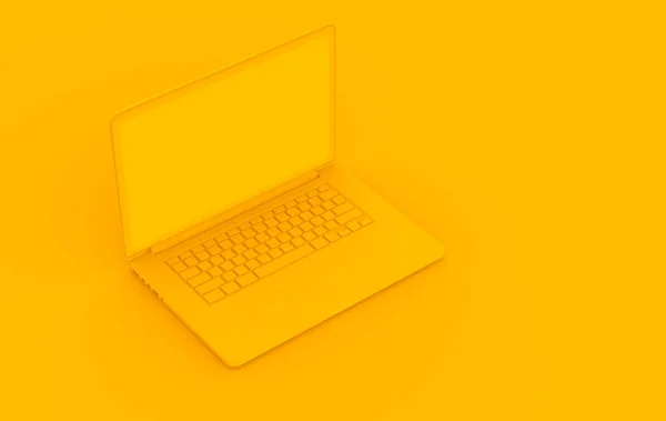 黄色背景上的笔记本电脑黄色 最小对象计算机模拟业务的在线概念 3D渲染 — 图库照片