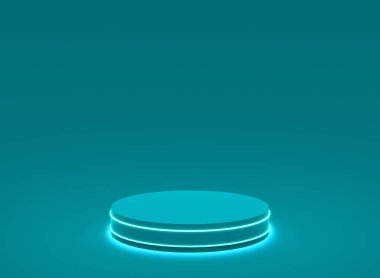 3D mavi ışıklı silindir podyum minimal stüdyo mavi arka plan. Soyut 3d geometrik şekil çizimi. Teknoloji ürünü için görüntüleme.