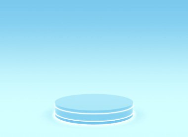 3D mavi ışıklı silindir podyum minimum stüdyo mavi parlak arka plan. Soyut 3d geometrik şekil çizimi. Teknoloji ürünü için görüntüleme.