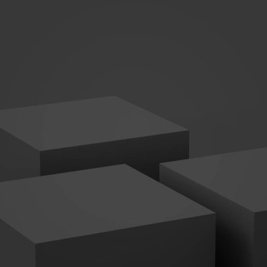 3D siyah gri küp ve küçük podyum stüdyo arka planı. Soyut 3d geometrik şekil çizimi. Çevrimiçi iş ürünü için göster.