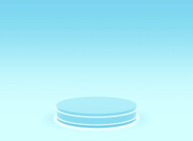 3D mavi ışıklı silindir podyum minimum stüdyo mavi parlak arka plan. Soyut 3d geometrik şekil çizimi. Teknoloji ürünü için görüntüleme.