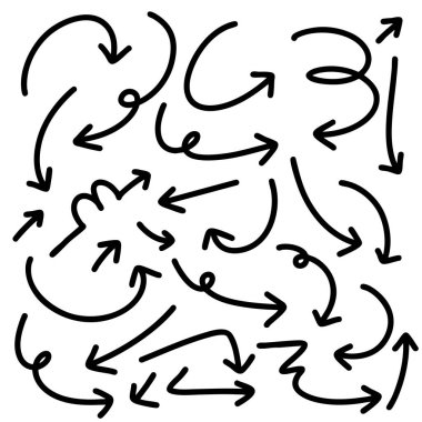 Şirin kalem çizgisi element vektörü kümesi. Elle çizilmiş ok koleksiyonu. Yazdırma, karikatür, kart, dekorasyon, çıkartma için tasarım.