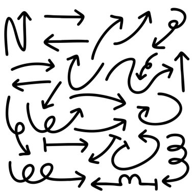 Şirin kalem çizgisi element vektörü kümesi. Elle çizilmiş ok koleksiyonu. Yazdırma, karikatür, kart, dekorasyon, çıkartma için tasarım.