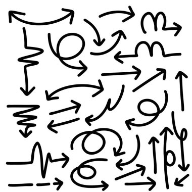 Şirin kalem çizgisi element vektörü kümesi. Elle çizilmiş ok koleksiyonu. Yazdırma, karikatür, kart, dekorasyon, çıkartma için tasarım.