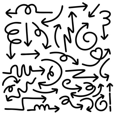 Şirin kalem çizgisi element vektörü kümesi. Elle çizilmiş ok koleksiyonu. Yazdırma, karikatür, kart, dekorasyon, çıkartma için tasarım.