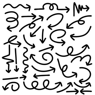 Şirin kalem çizgisi element vektörü kümesi. Elle çizilmiş ok koleksiyonu. Yazdırma, karikatür, kart, dekorasyon, çıkartma için tasarım.