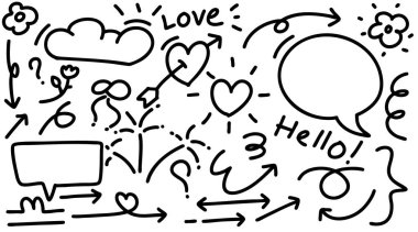 Sevimli el çizimi karalama vektörü seti, aşk, doğal, yıldız, bulut, hava, gökkuşağı, çiçek, balon, kalp ve yaratıcı tasarım vektörü koleksiyonu.