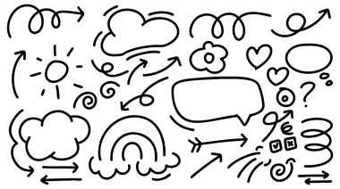 Sevimli el çizimi karalama vektörü seti, aşk, doğal, yıldız, bulut, hava, gökkuşağı, çiçek, balon, kalp ve yaratıcı tasarım vektörü koleksiyonu.