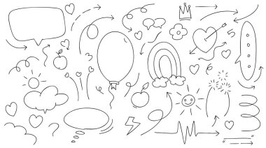 Sevimli el çizimi karalama vektörü seti, aşk, doğal, yıldız, bulut, hava, gökkuşağı, çiçek, balon, kalp ve yaratıcı tasarım vektörü koleksiyonu.