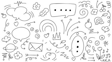 Sevimli el çizimi karalama vektörü seti, aşk, doğal, yıldız, bulut, hava, gökkuşağı, çiçek, balon, kalp ve yaratıcı tasarım vektörü koleksiyonu.