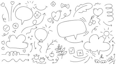 Sevimli el çizimi karalama vektörü seti, aşk, doğal, yıldız, bulut, hava, gökkuşağı, çiçek, balon, kalp ve yaratıcı tasarım vektörü koleksiyonu.