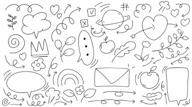 Sevimli el çizimi karalama vektörü seti, aşk, doğal, yıldız, bulut, hava, gökkuşağı, çiçek, balon, kalp ve yaratıcı tasarım vektörü koleksiyonu.