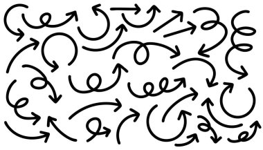 Şirin kalem çizgisi element vektörü kümesi. Elle çizilmiş ok koleksiyonu. Yazdırma, karikatür, kart, dekorasyon, çıkartma için tasarım.