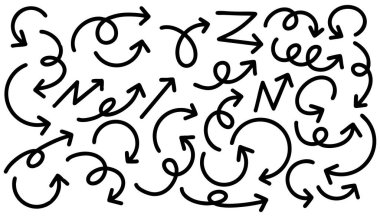 Şirin kalem çizgisi element vektörü kümesi. Elle çizilmiş ok koleksiyonu. Yazdırma, karikatür, kart, dekorasyon, çıkartma için tasarım.