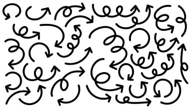 Şirin kalem çizgisi element vektörü kümesi. Elle çizilmiş ok koleksiyonu. Yazdırma, karikatür, kart, dekorasyon, çıkartma için tasarım.