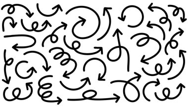 Şirin kalem çizgisi element vektörü kümesi. Elle çizilmiş ok koleksiyonu. Yazdırma, karikatür, kart, dekorasyon, çıkartma için tasarım.