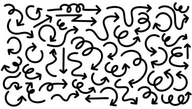 Şirin kalem çizgisi element vektörü kümesi. Elle çizilmiş ok koleksiyonu. Yazdırma, karikatür, kart, dekorasyon, çıkartma için tasarım.