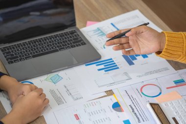 Pazarlama, Finans, Muhasebe, Planlama, Dizüstü bilgisayar hesap makinesi ve doküman kullanan kadın muhasebeci, şirketin analizindeki grafikler, çizelgeler, kardır..