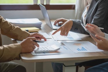 Bir grup işadamı, kazançları için dizüstü bilgisayarları ve grafik çizelgeleriyle plan yapar ve şirketlerini hesaplamak için bir hesap makinesi kullanır..