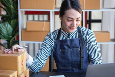 Asyalı bir iş kadını, internet üzerinden ürün satarak, çevrimiçi bir mağaza açarak ve ofis içinde müşteri paketlerinden sipariş alarak KOBİ işini seviyor. KOBİ İş Konsepti.