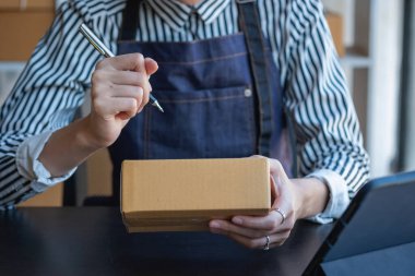 Asyalı bir iş kadını, internet üzerinden ürün satarak, çevrimiçi bir mağaza açarak ve ofis içinde müşteri paketlerinden sipariş alarak KOBİ işini seviyor. KOBİ İş Konsepti.