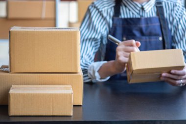 Asyalı bir iş kadını, internet üzerinden ürün satarak, çevrimiçi bir mağaza açarak ve ofis içinde müşteri paketlerinden sipariş alarak KOBİ işini seviyor. KOBİ İş Konsepti.