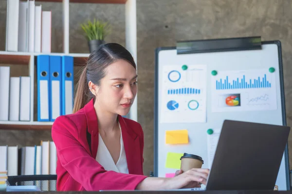 Financial, Asian businesswoman in red suit holding cup of coffee sitting on desk in office, having computer for doing accounting work at workplace to calculate annual profit by duty, Business idea