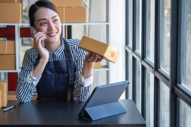 Asyalı kadın girişimci, kendi ofisindeki ürünleri, KOBİ çevrimiçi konseptini kontrol etmek ve sipariş vermek için dizüstü bilgisayarlar, tabletler ve akıllı telefonlar kullanarak çevrimiçi satış işine başladı.