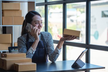 Asyalı kadın girişimci, kendi ofisindeki ürünleri, KOBİ çevrimiçi konseptini kontrol etmek ve sipariş vermek için dizüstü bilgisayarlar, tabletler ve akıllı telefonlar kullanarak çevrimiçi satış işine başladı.