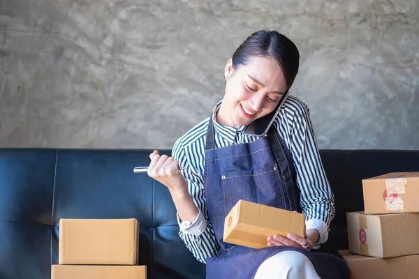 Asiatisk Kvinnlig Entreprenör Starta Ett Online Försäljningsföretag Med Hjälp Bärbara — Stockfoto