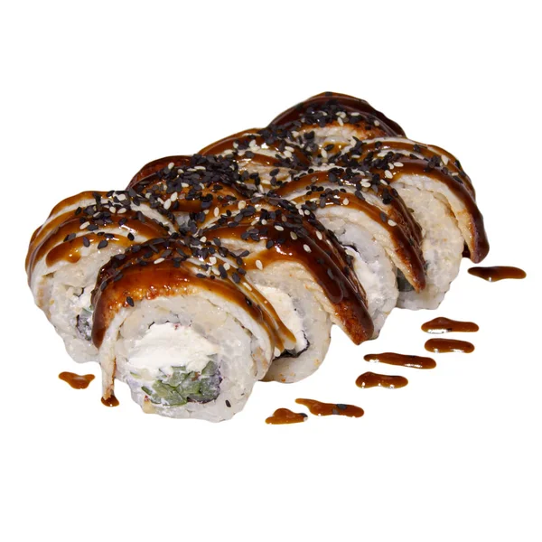 Sushi Com Molho Unagi Enguia Sementes Gergelim Nele — Fotografia de Stock
