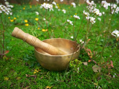 Rahatlamak ve iyileştirici titreşimler almak için metal müzik kasesi.