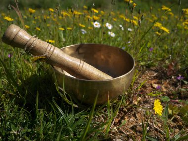 Metal singing bowl for relaxing and receiving healing vibrations clipart