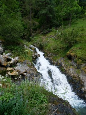 Fransa 'nın güneybatısındaki Pireneler Ulusal Parkı' nda güneşli bir günde çekilmiş bir şelale fotoğrafı.
