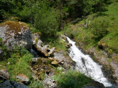 Fransa 'nın güneybatısındaki Pireneler Ulusal Parkı' nda güneşli bir günde çekilmiş bir şelale fotoğrafı.