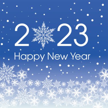 2023 Mutlu Yıllar Kart Şablonu. Dizayn patern kar taneleri beyaz ve klasik mavi renk.