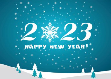 2023 Mutlu Yıllar beyaz yıldızlar ve kar taneleri ile mavi arka plan ve sezonluk İlanlar ve Selamlama Kartınız veya Noel için metin.