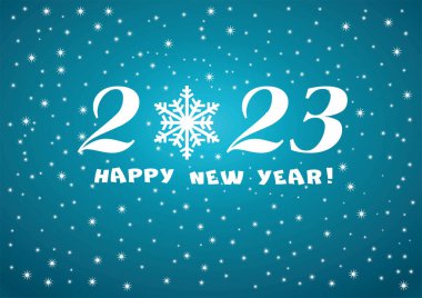 2023 Mutlu Yıllar beyaz yıldızlar ve kar taneleri ile mavi arka plan ve sezonluk İlanlar ve Selamlama Kartınız veya Noel için metin.