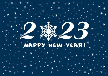 2023 Mutlu Yıllar Kart Şablonu. Tasarım modeli kar taneleri beyaz ve mavi renk. Vektör illüstrasyonu.