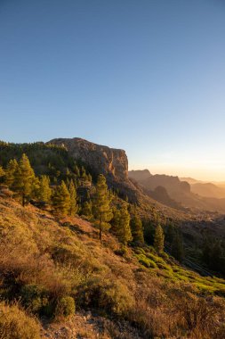 Dağ ve manzara manzarası, İspanya 'nın Gran Kanarya adasındaki Roque Nublo parkında gün batımı