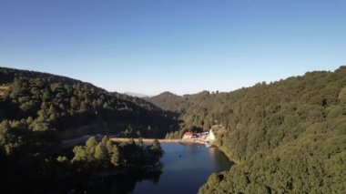 Ormanın üzerinden insansız hava aracı uçuşu, Ekolojik Park, Meksika. Manzaranın panoramik görüntüsü