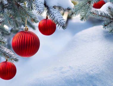 Karla kaplı çam dalları Noel süsleri ve pırıltılarla