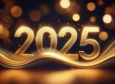 2025 Mutlu Yeni Yıl Logosu Siyah zemin üzerine altın metin tasarımı 