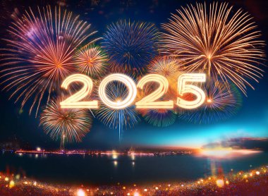 Gece parti atmosferinde yeni yıl. Gökyüzü arka planında renkli havai fişekler var.