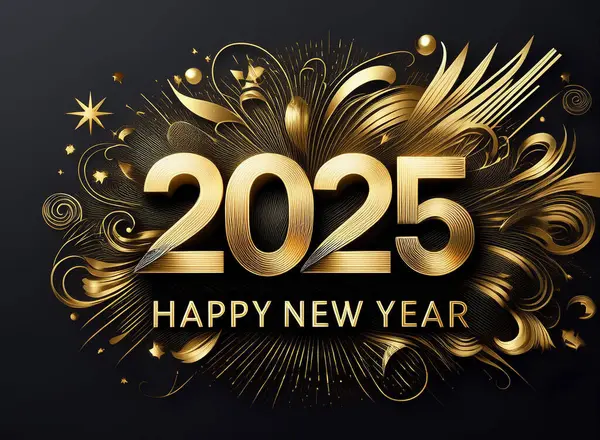 2025 Mutlu Yeni Yıl Logosu Siyah zemin üzerine altın metin tasarımı 
