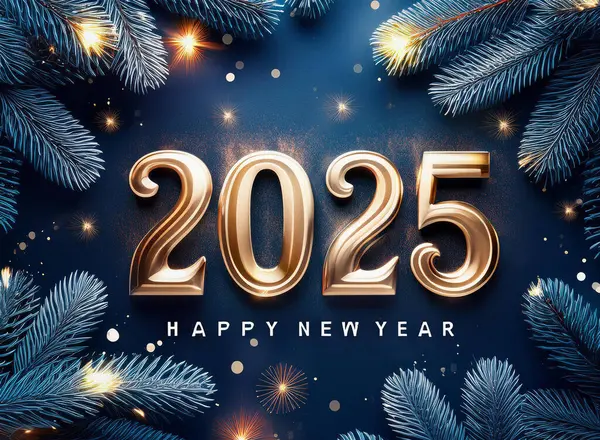 Yeni yılınız kutlu olsun. Koyu mavi arka planda parlak sayılar dizayn edildi. Işıklar, çam dalları...