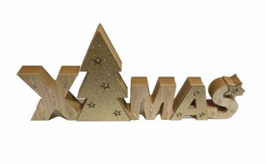 Dekoratif ahşap mektuplar, noel ağacıyla birlikte noel mektupları, noel yazıları, beyaz arkaplan, yatay arkaplan...